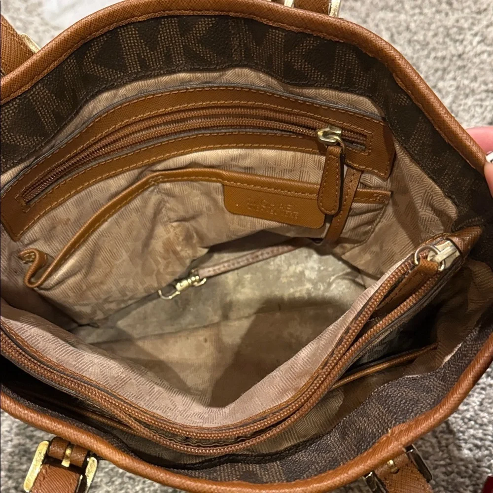 Michael Kors Dark Brown Tote Tan Accents MK gold purse bag designer handbag